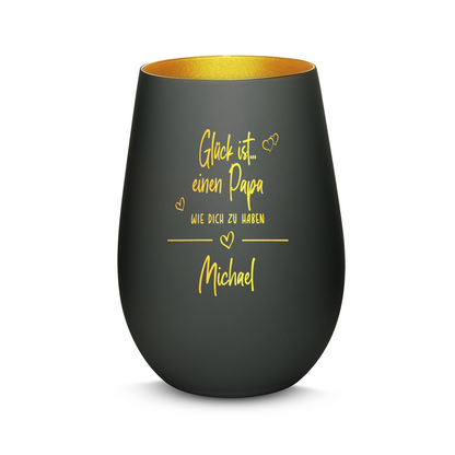 Hochwertiges Glas Windlicht mit Gravur "GLÜCK IST EINEN PAPA WIE DICH ZU HABEN" mit Wunschname in der Farbe Schwarz/Gold
