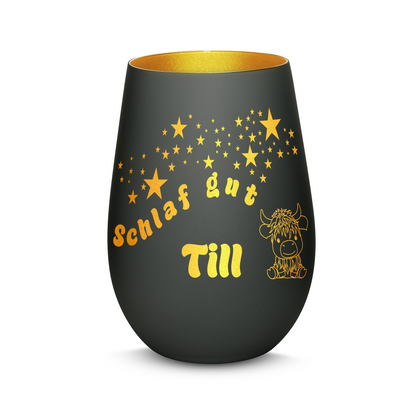 Hochwertiges Glas Windlicht für Kinder mit Gravur "SCHLAF GUT" Motiv Bison mit Wunschname in der Farbe Schwarz/Gold