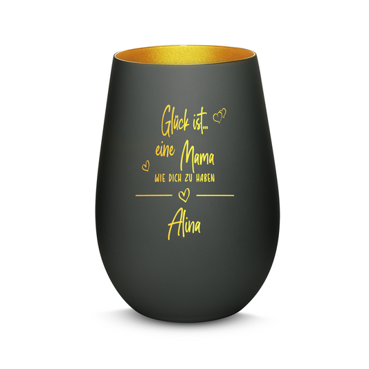 Hochwertiges Glas Windlicht mit Gravur "GLÜCK IST EINE MAMA WIE DICH ZU HABEN" mit Wunschname in der Farbe Schwarz/Gold