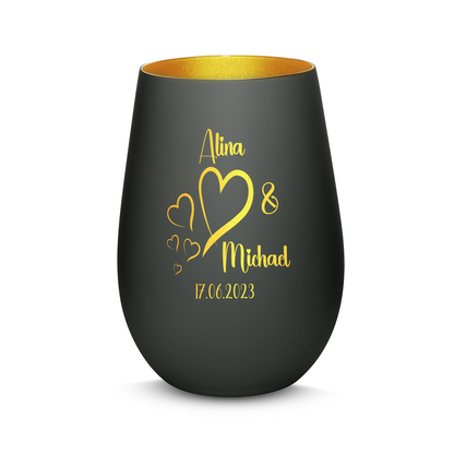 Hochwertiges Glas Windlicht mit Gravur "LIEBES WINDLICHT HERZ3" mit Wunschnamen und Datum in der Farbe Schwarz/Gold