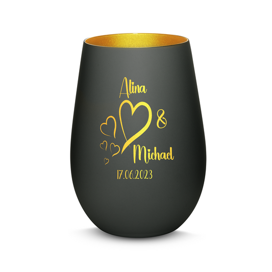 Hochwertiges Glas Windlicht mit Gravur "LIEBES WINDLICHT HERZ3" mit Wunschnamen und Datum in der Farbe Schwarz/Gold