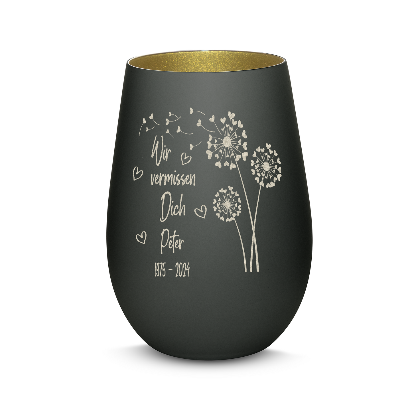 Hochwertiges Glas Windlicht mit Gravur als Trauerlicht "WIR VERMISSEN DICH" mit Wunschname in der Farbe Schwarz/Gold