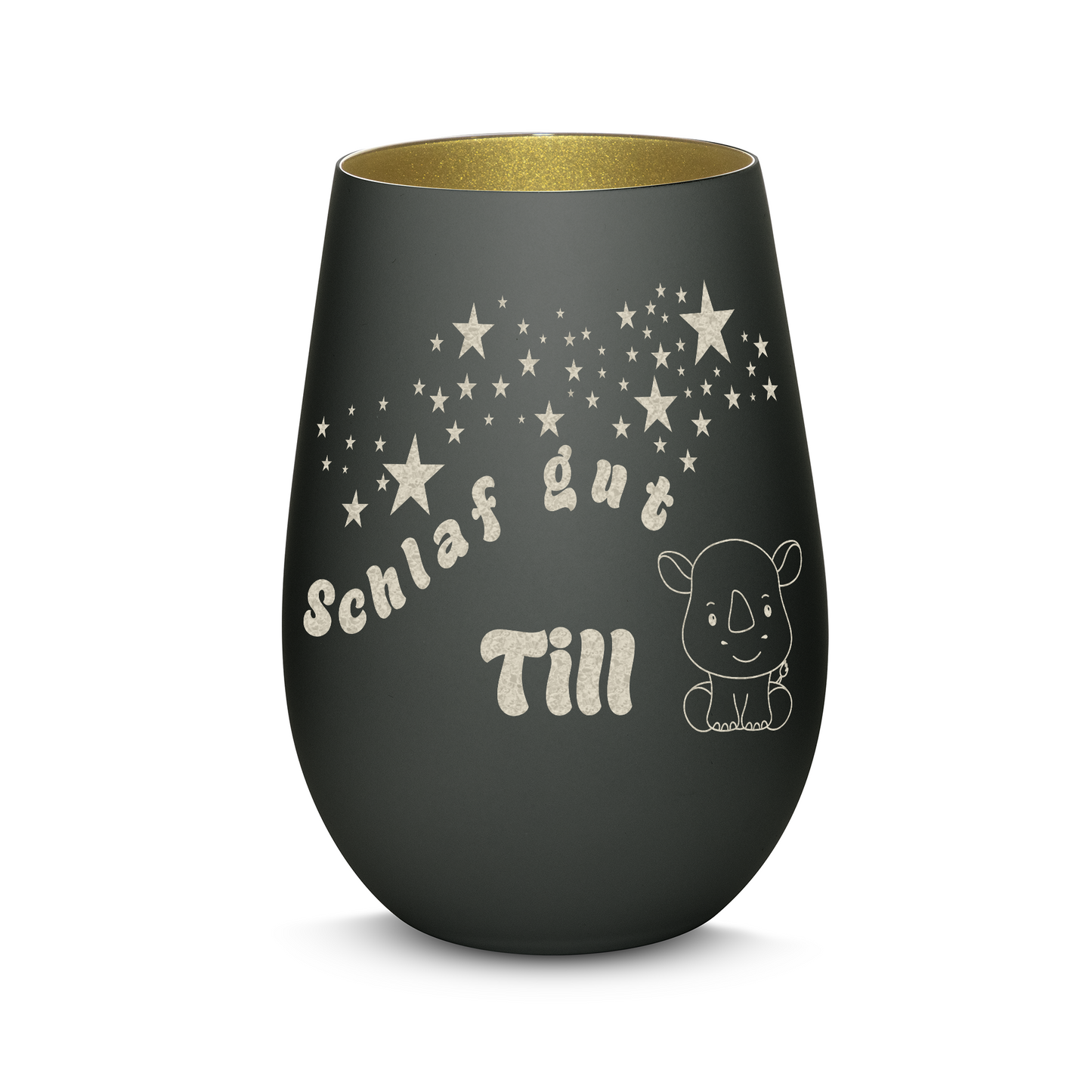 Hochwertiges Glas Windlicht für Kinder mit Gravur "SCHLAF GUT" Motiv Nashorn mit Wunschname in der Farbe Schwarz/Gold