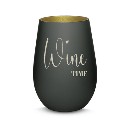 Hochwertiges Glas Windlicht mit Gravur "WINE TIME" in der Farbe Schwarz/Gold