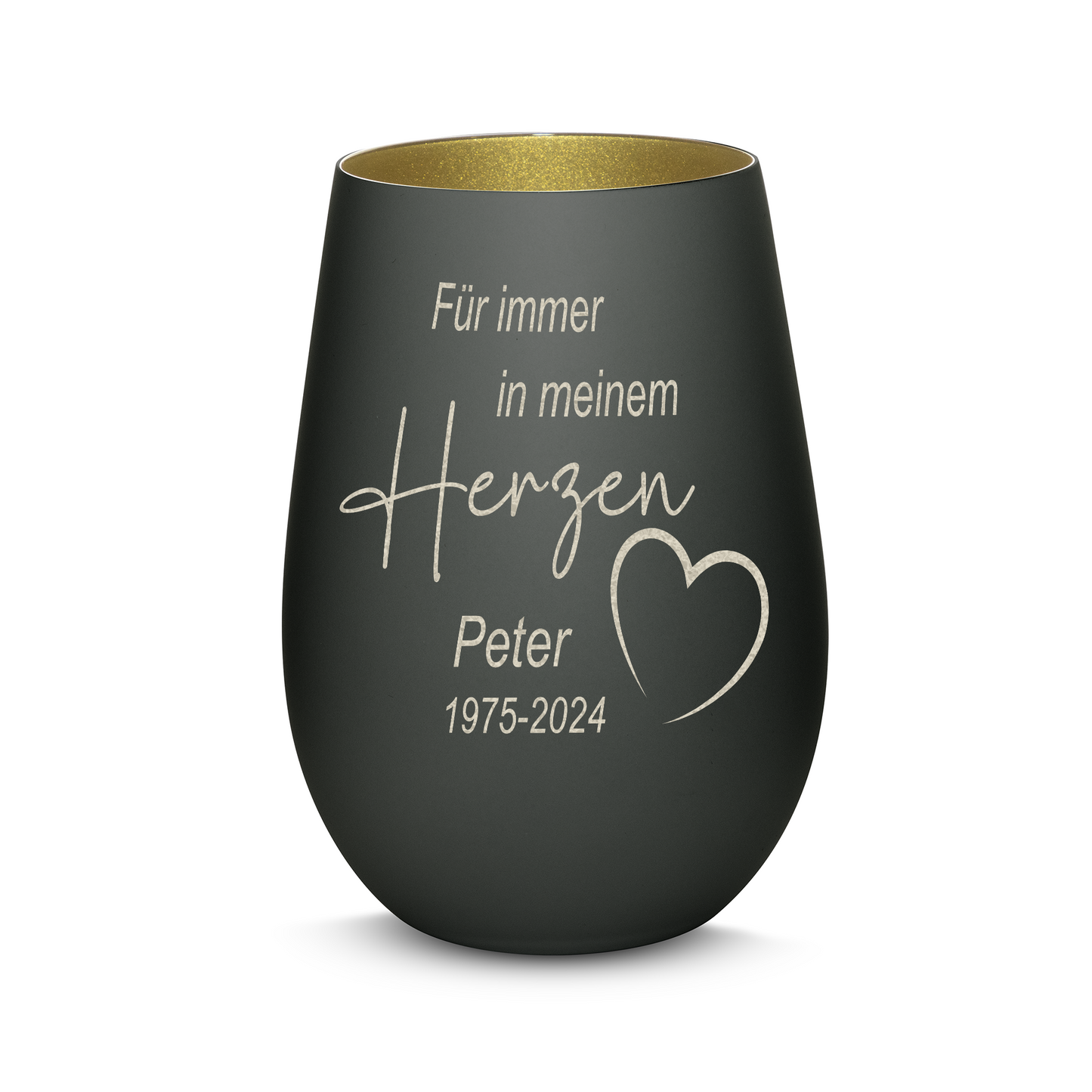 Hochwertiges Glas Windlicht mit Gravur als Trauerlicht "FÜR IMMER IN MEINEM HERZEN" mit Wunschname in der Farbe Schwarz/Gold