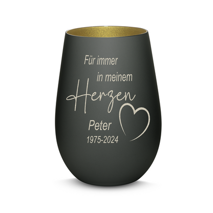 Hochwertiges Glas Windlicht mit Gravur als Trauerlicht "FÜR IMMER IN MEINEM HERZEN" mit Wunschname in der Farbe Schwarz/Gold