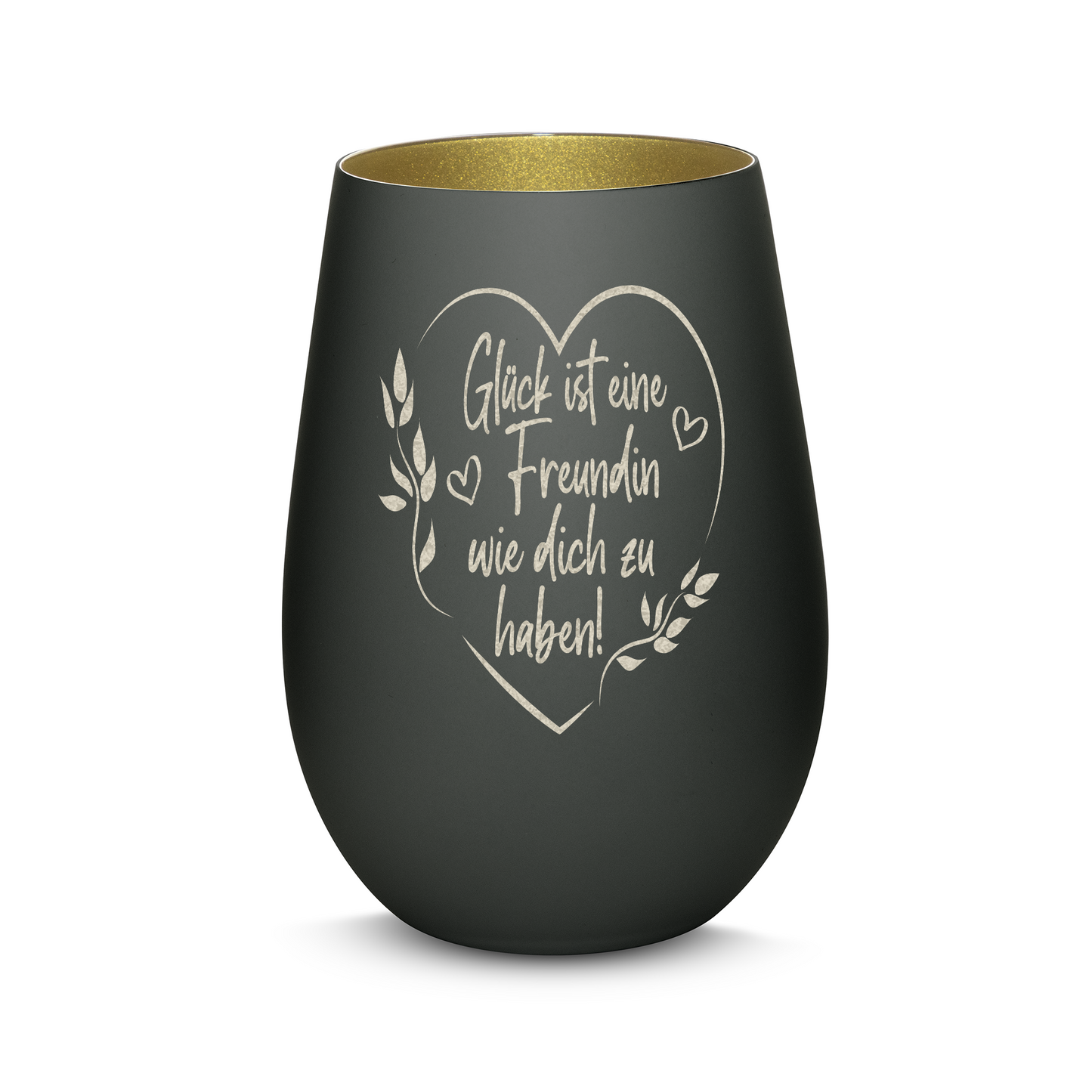 Hochwertiges Glas Windlicht mit Gravur "GLÜCK IST EINE FREUNDIN MIT HERZ" in der Farbe Schwarz/Gold