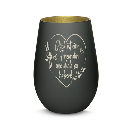 Hochwertiges Glas Windlicht mit Gravur "GLÜCK IST EINE FREUNDIN MIT HERZ" in der Farbe Schwarz/Gold