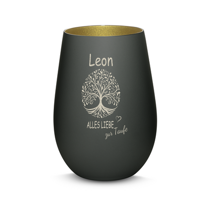 Hochwertiges Glas Windlicht mit Gravur "ALLES LIEBE ZUR TAUFE" mit Wunschname in der Farbe Schwarz/Gold