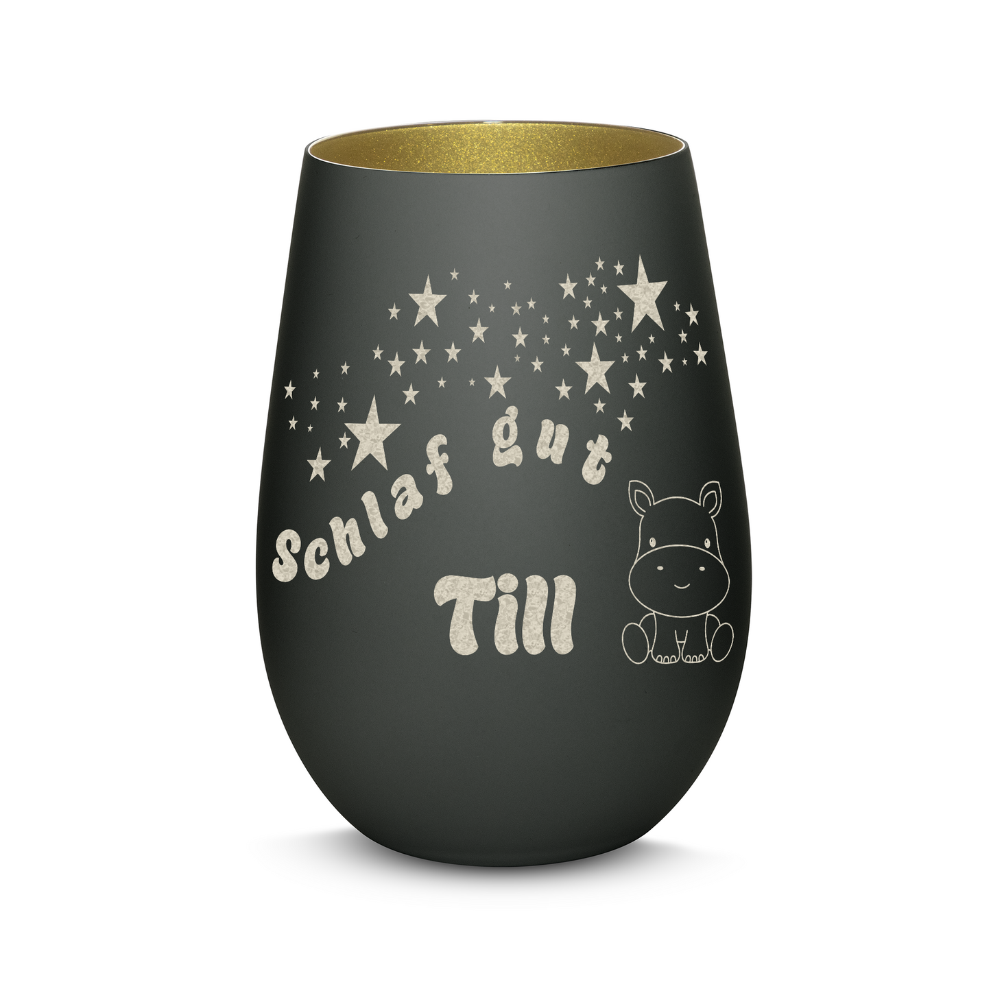 Hochwertiges Glas Windlicht für Kinder mit Gravur "SCHLAF GUT" Motiv Nilpferd mit Wunschname in der Farbe Schwarz/Gold