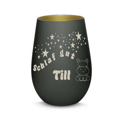 Hochwertiges Glas Windlicht für Kinder mit Gravur "SCHLAF GUT" Motiv Nilpferd mit Wunschname in der Farbe Schwarz/Gold