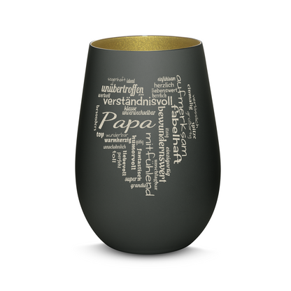 Hochwertiges Glas Windlicht mit Gravur "PAPA GROßES HERZ" in der Farbe Schwarz/Gold