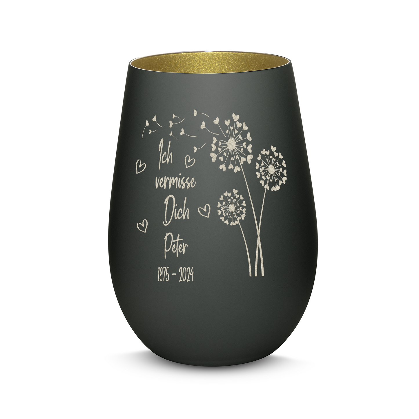 Hochwertiges Glas Windlicht mit Gravur als Trauerlicht "ICH VERMISSE DICH" mit Wunschname in der Farbe Schwarz/Gold