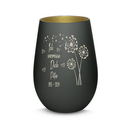 Hochwertiges Glas Windlicht mit Gravur als Trauerlicht "ICH VERMISSE DICH" mit Wunschname in der Farbe Schwarz/Gold