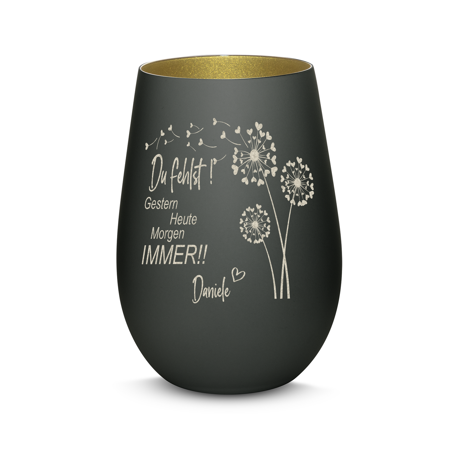 Hochwertiges Glas Windlicht mit Gravur als Trauerlicht "DU FEHLST! GESTERN HEUTE MORGEN IMMER" mit Wunschname in der Farbe Schwarz/Gold