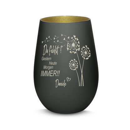 Hochwertiges Glas Windlicht mit Gravur als Trauerlicht "DU FEHLST! GESTERN HEUTE MORGEN IMMER" mit Wunschname in der Farbe Schwarz/Gold