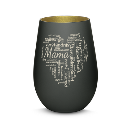 Hochwertiges Glas Windlicht mit Gravur "MAMA GROßES HERZ" in der Farbe Schwarz/Gold