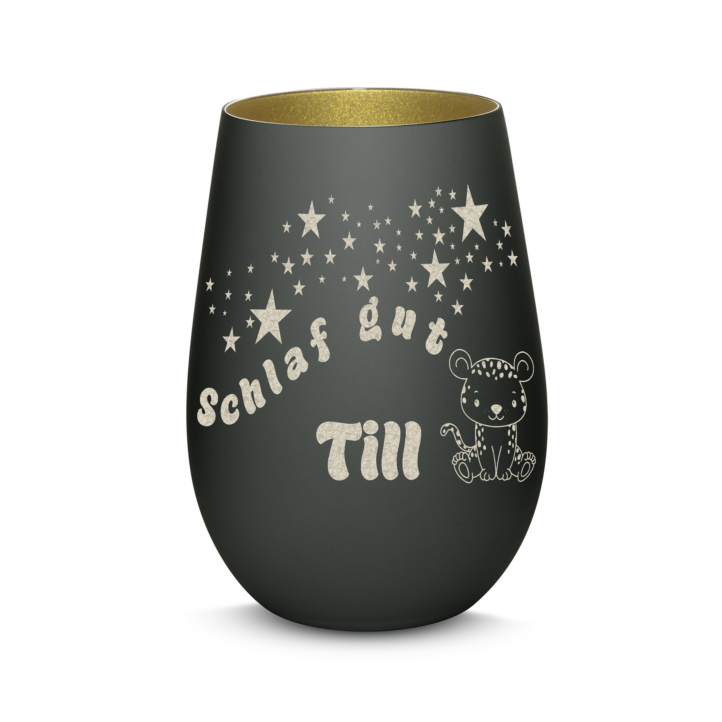 Hochwertiges Glas Windlicht für Kinder mit Gravur "SCHLAF GUT" Motiv Leopard mit Wunschname in der Farbe Schwarz/Gold