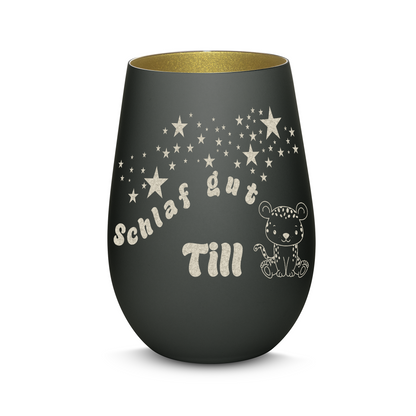 Hochwertiges Glas Windlicht für Kinder mit Gravur "SCHLAF GUT" Motiv Leopard mit Wunschname in der Farbe Schwarz/Gold