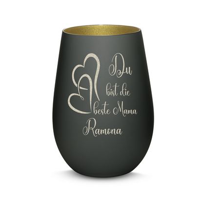 Hochwertiges Glas Windlicht mit Gravur "DU BIST DIE BESTE MAMA" mit Wunschname in der Farbe Schwarz/Gold