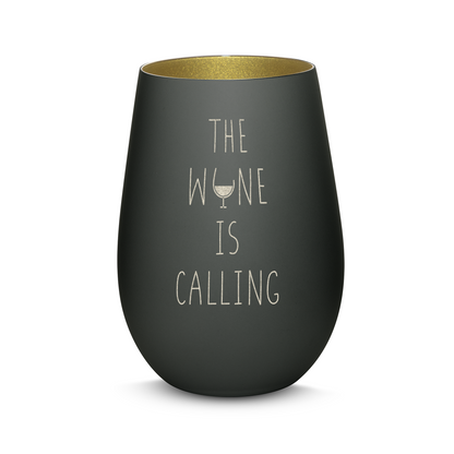 Hochwertiges Glas Windlicht mit Gravur "THE WINE IS CALLING" in der Farbe Schwarz/Gold