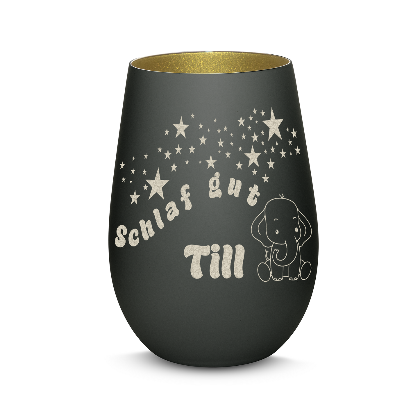 Hochwertiges Glas Windlicht für Kinder mit Gravur "SCHLAF GUT" Motiv Elefant mit Wunschname in der Farbe Schwarz/Gold