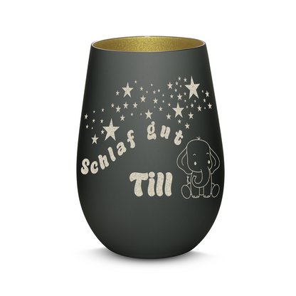 Hochwertiges Glas Windlicht für Kinder mit Gravur "SCHLAF GUT" Motiv Elefant mit Wunschname in der Farbe Schwarz/Gold