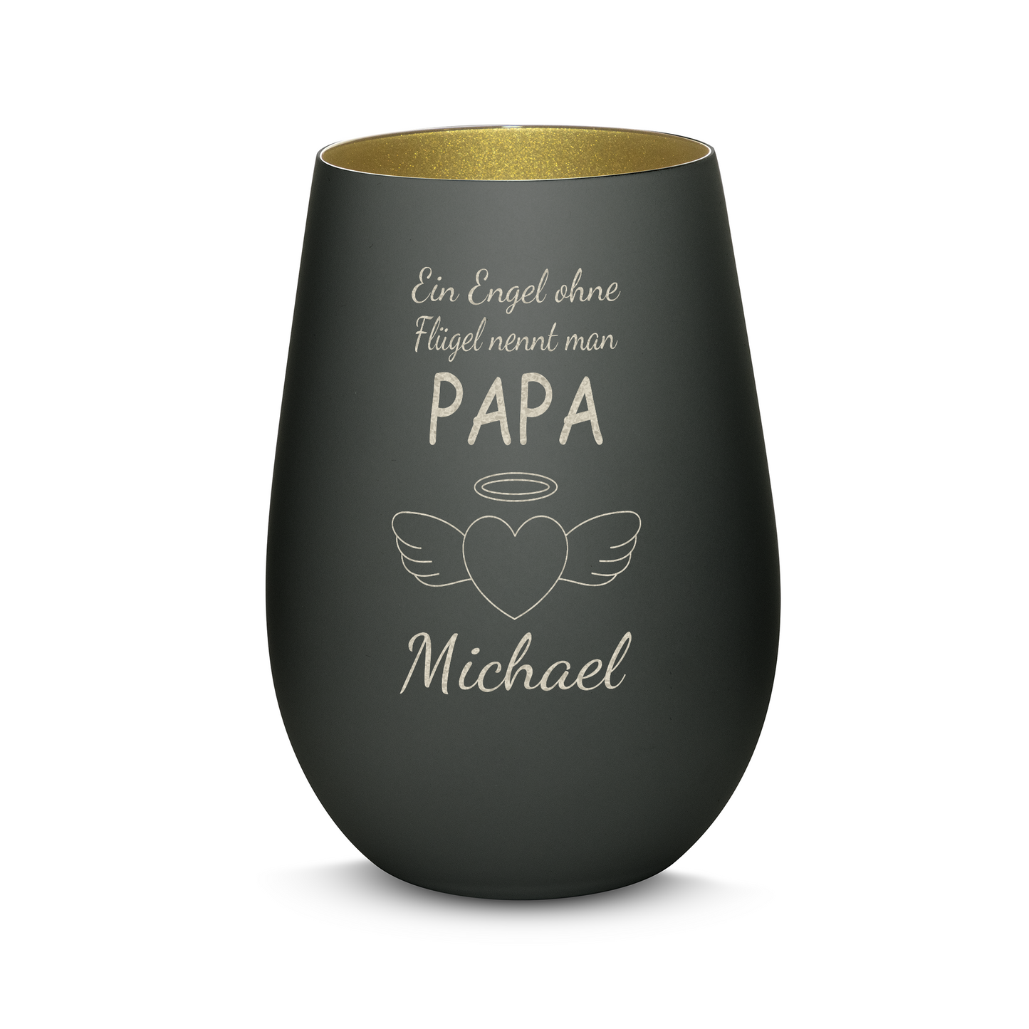 Hochwertiges Glas Windlicht mit Gravur "EIN ENGEL OHNE FLÜGEL NENNT MAN PAPA" mit Wunschname in der Farbe Schwarz/Gold