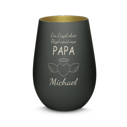 Hochwertiges Glas Windlicht mit Gravur "EIN ENGEL OHNE FLÜGEL NENNT MAN PAPA" mit Wunschname in der Farbe Schwarz/Gold