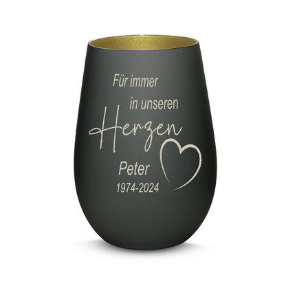 Hochwertiges Glas Windlicht mit Gravur als Trauerlicht "FÜR IMMER IN UNSEREN HERZEN" mit Wunschname in der Farbe Schwarz/Gold