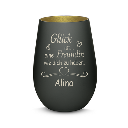 Hochwertiges Glas Windlicht mit Gravur "GLÜCK IST EINE FREUNDIN WIE DICH ZU HABEN" mit Wunschname in der Farbe Schwarz/Gold