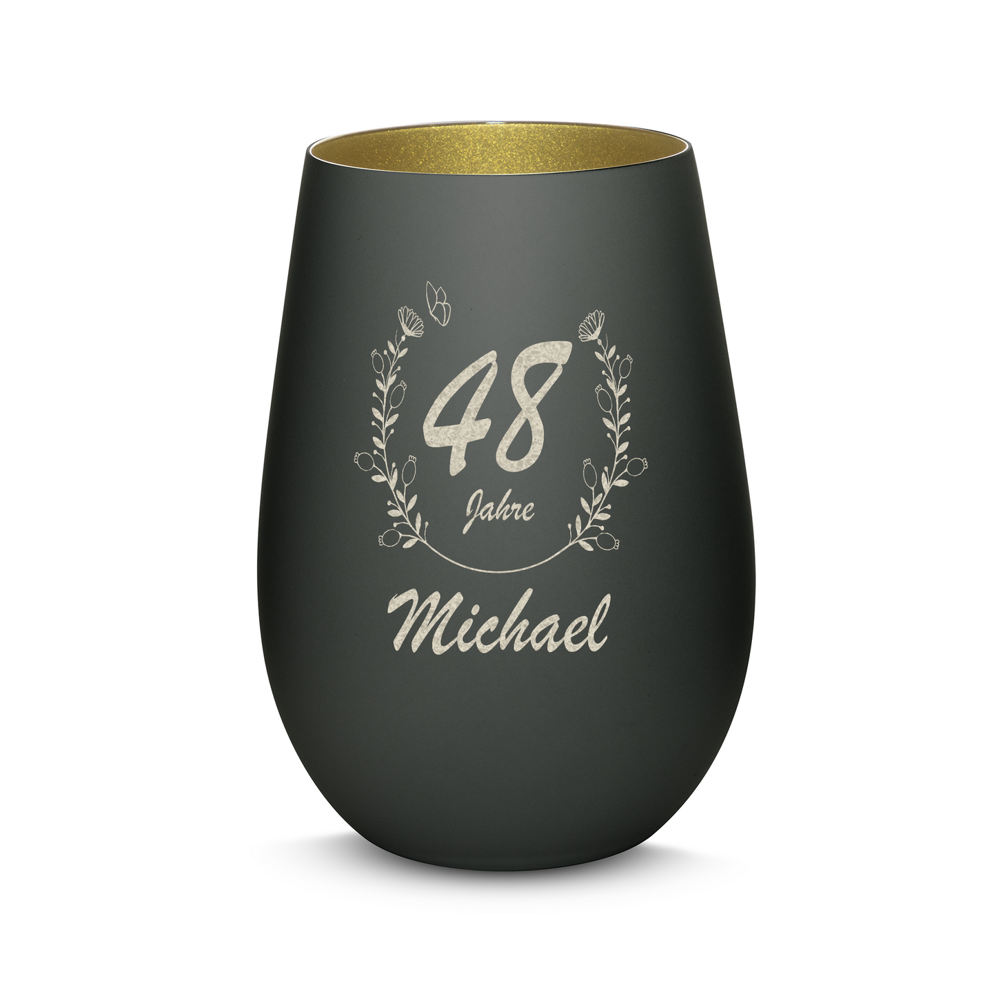 Hochwertiges Glas Windlicht mit Gravur "GEBURTSTAG MIT BLUMENKRANZ" mit Wunschnamen und Datum in der Farbe Schwarz/Gold