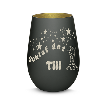 Hochwertiges Glas Windlicht für Kinder mit Gravur "SCHLAF GUT" Motiv Giraffe mit Wunschname in der Farbe Schwarz/Gold