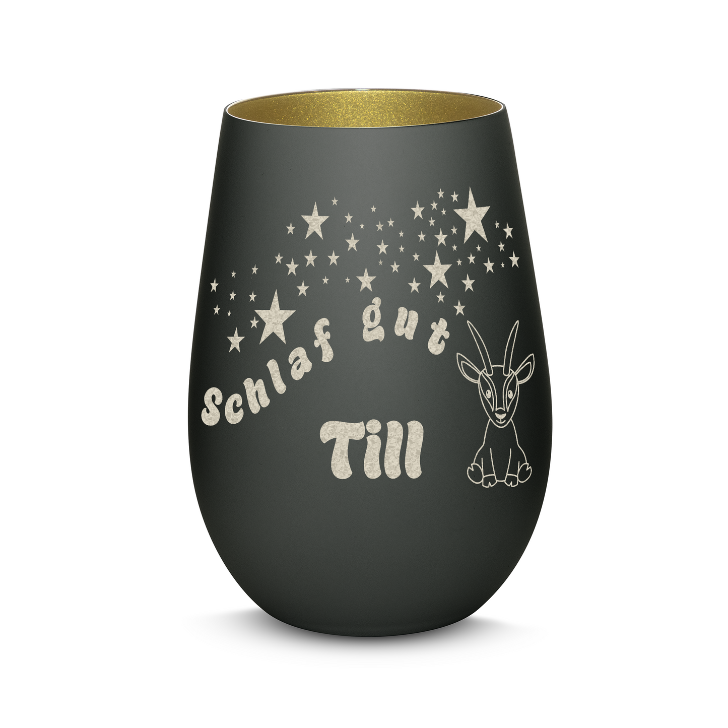 Hochwertiges Glas Windlicht für Kinder mit Gravur "SCHLAF GUT" Motiv Antilope mit Wunschname in der Farbe Schwarz/Gold