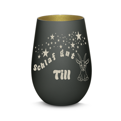 Hochwertiges Glas Windlicht für Kinder mit Gravur "SCHLAF GUT" Motiv Antilope mit Wunschname in der Farbe Schwarz/Gold