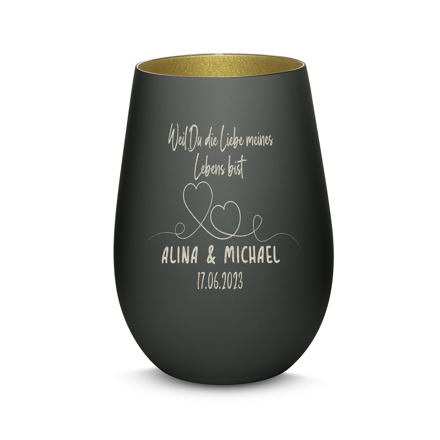 Hochwertiges Glas Windlicht mit Gravur "WEIL DU DIE LIEBE MEINES LEBENS BIST" mit Wunschnamen und Datum in der Farbe Schwarz/Gold