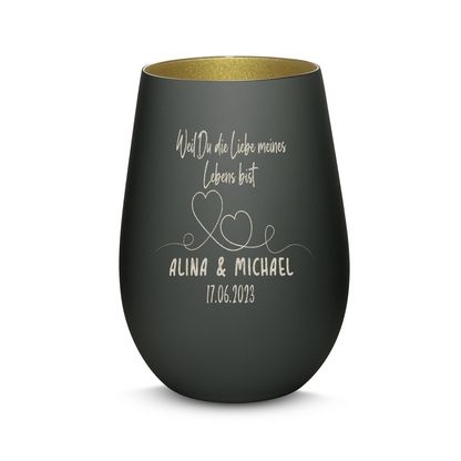 Hochwertiges Glas Windlicht mit Gravur "WEIL DU DIE LIEBE MEINES LEBENS BIST" mit Wunschnamen und Datum in der Farbe Schwarz/Gold