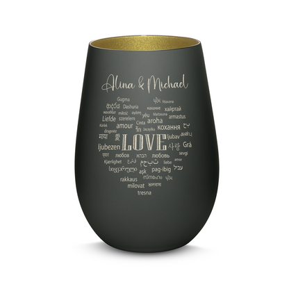 Hochwertiges Glas Windlicht mit Gravur "LIEBE IN ALLEN SPRACHEN" mit Wunschnamen in der Farbe Schwarz/Gold