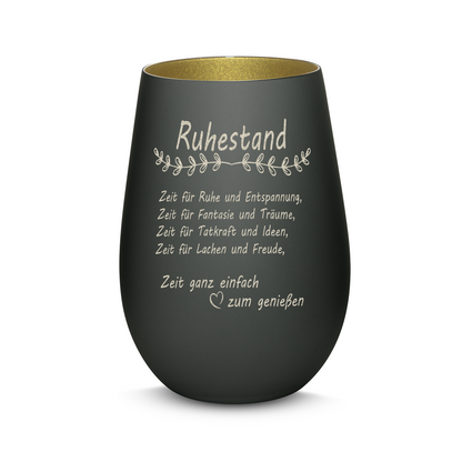 Hochwertiges Glas Windlicht mit Gravur "ALLES GUTE ZUM RUHESTAND" in der Farbe Schwarz/Gold