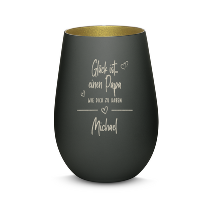Hochwertiges Glas Windlicht mit Gravur "GLÜCK IST EINEN PAPA WIE DICH ZU HABEN" mit Wunschname in der Farbe Schwarz/Gold