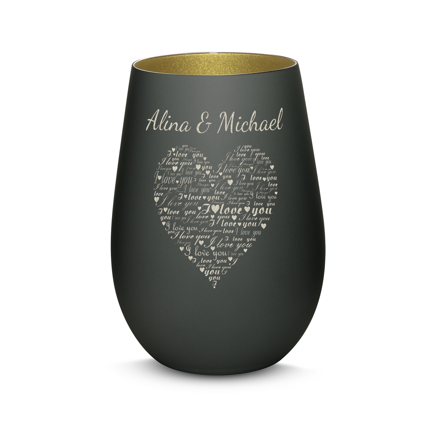 Hochwertiges Glas Windlicht mit Gravur "I LOVE YOU" mit Wunschnamen in der Farbe Schwarz/Gold
