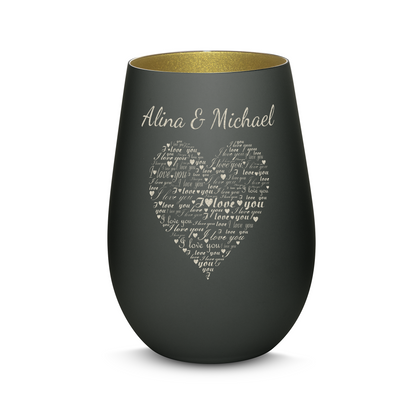 Hochwertiges Glas Windlicht mit Gravur "I LOVE YOU" mit Wunschnamen in der Farbe Schwarz/Gold