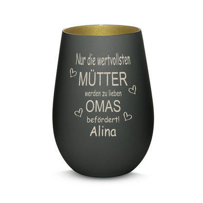 Hochwertiges Glas Windlicht mit Gravur "NUR DIE WERTVOLLSTEN MÜTTER WERDEN ZU LIEBEN OMAS" mit Wunschname in der Farbe Schwarz/Gold