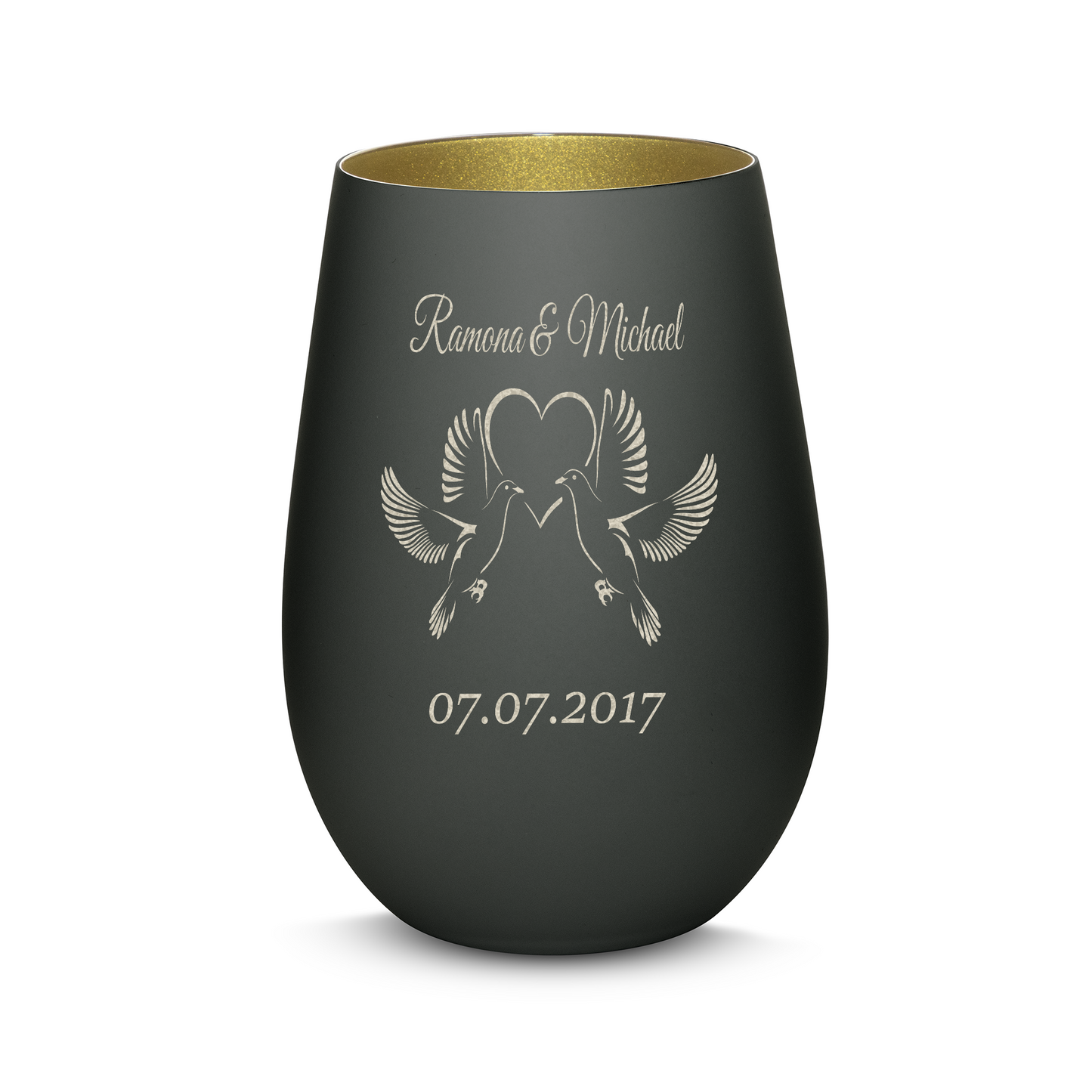 Hochwertiges Glas Windlicht mit Gravur "LIEBESGLAS TAUBEN" mit Wunschnamen und Datum in der Farbe Schwarz/Gold