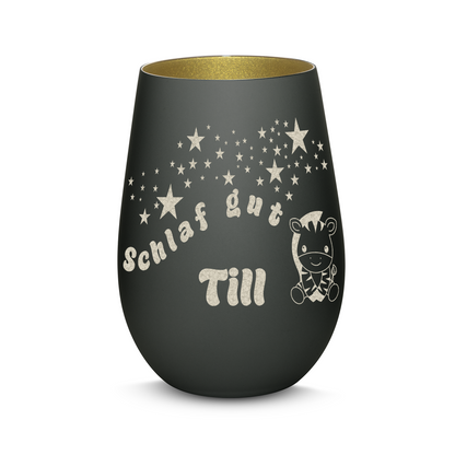 Hochwertiges Glas Windlicht für Kinder mit Gravur "SCHLAF GUT" Motiv Zebra mit Wunschname in der Farbe Schwarz/Gold