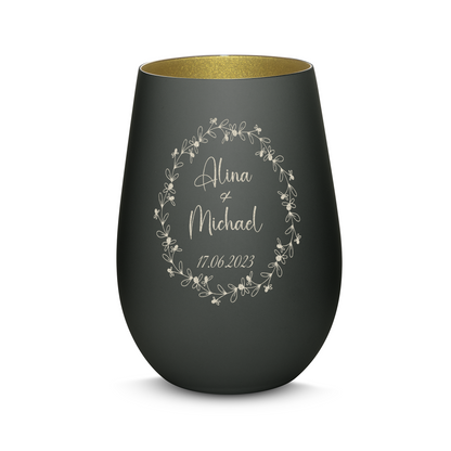 Hochwertiges Glas Windlicht mit Gravur "JAHRESTAG MIT BLUMENKRANZ" mit Wunschnamen und Datum in der Farbe Schwarz/Gold
