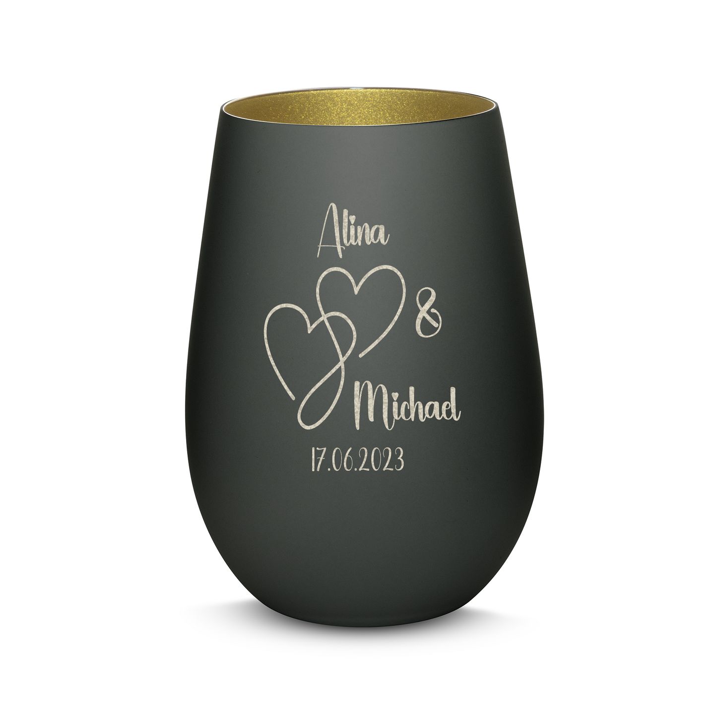 Hochwertiges Glas Windlicht mit Gravur "LIEBES WINDLICHT HERZ2" mit Wunschnamen und Datum in der Farbe Schwarz/Gold