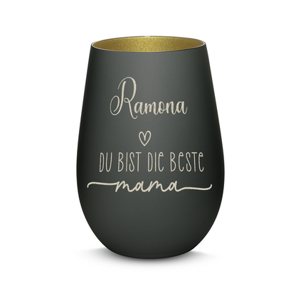 Hochwertiges Glas Windlicht mit Gravur "DIE BESTE MAMA" mit Wunschname in der Farbe Schwarz/Gold