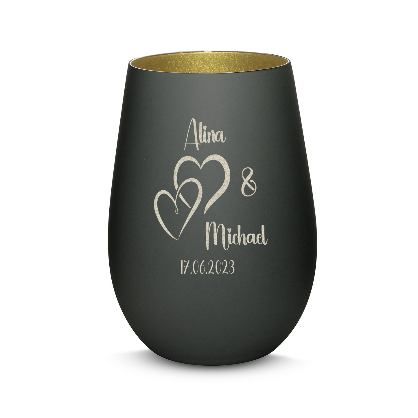 Hochwertiges Glas Windlicht mit Gravur "LIEBES WINDLICHT HERZ1" mit Wunschnamen und Datum in der Farbe Schwarz/Gold