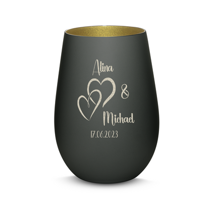 Hochwertiges Glas Windlicht mit Gravur "LIEBES WINDLICHT HERZ1" mit Wunschnamen und Datum in der Farbe Schwarz/Gold
